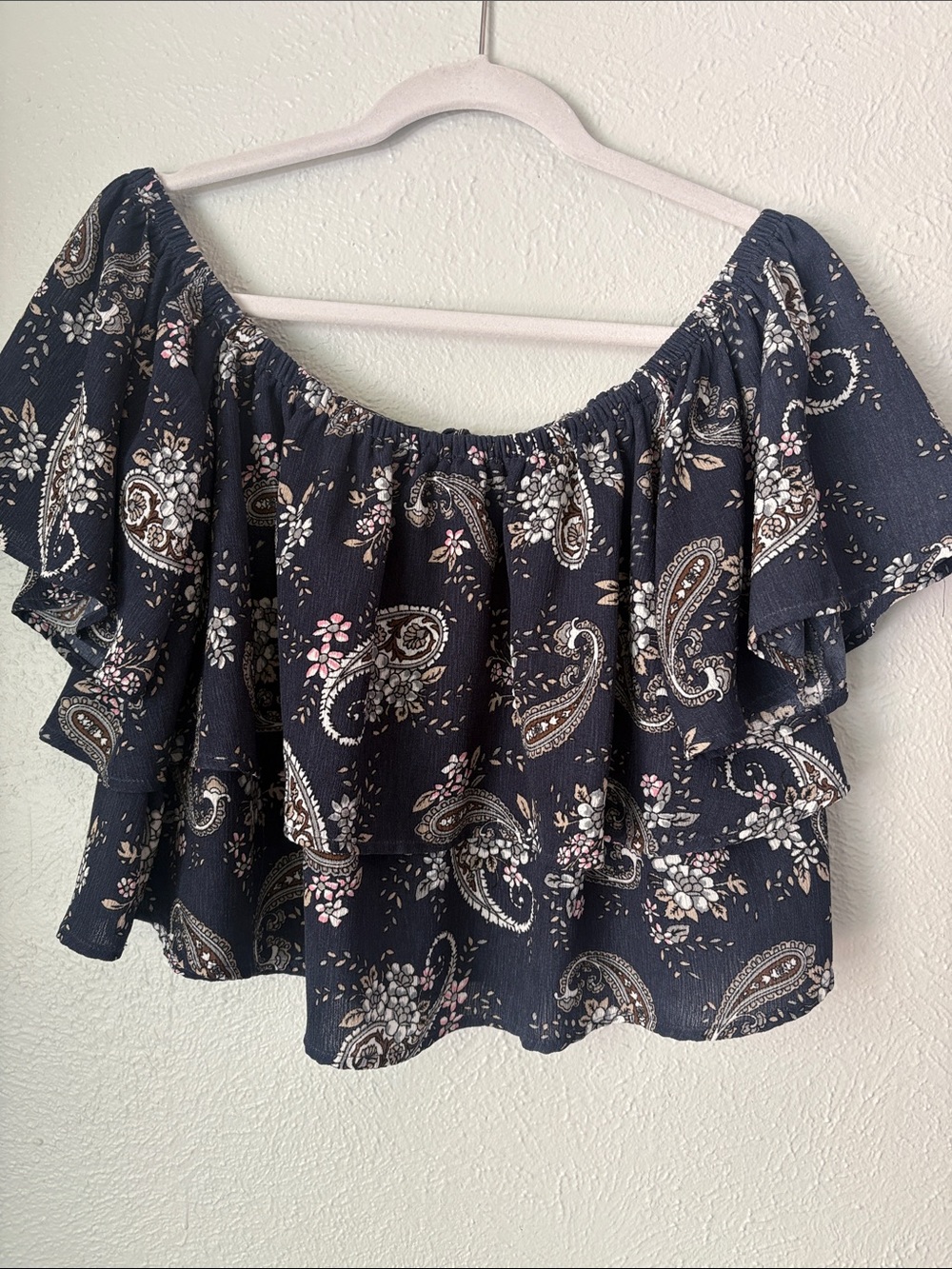 J.O.A. Navy Paisley Ruffle Off-Shoulder Crop Top with Pink Accents